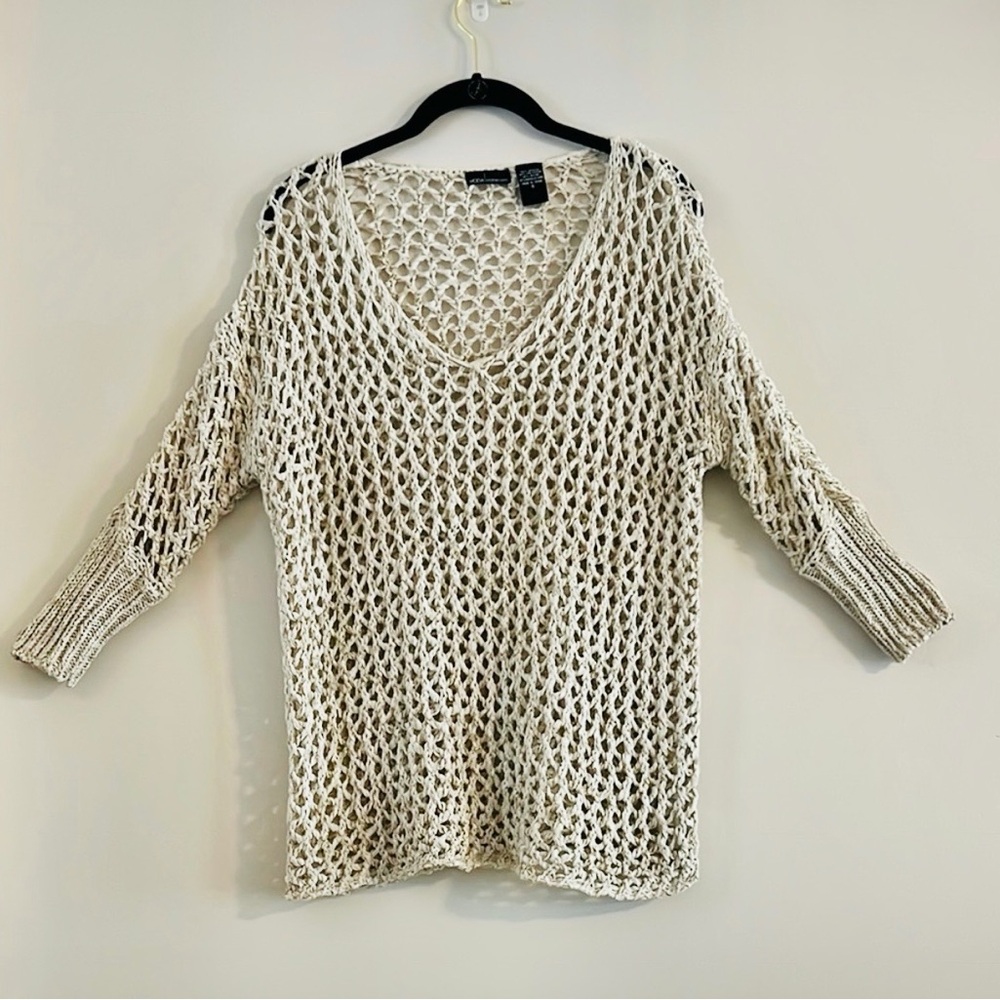 Moda International Irvory Crochet Knit V-Neck Sweater Size S